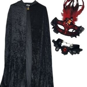 Hooded Cape Medieval Black Velvet Masquerade Feather Lace Mask & Choker‎ …